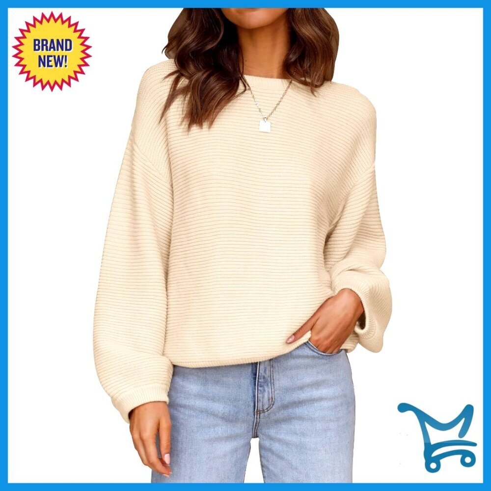 Crew Neck Pullover Sweater Lantern Sleeve Loose Fit Ribbed Knit Casual Chic